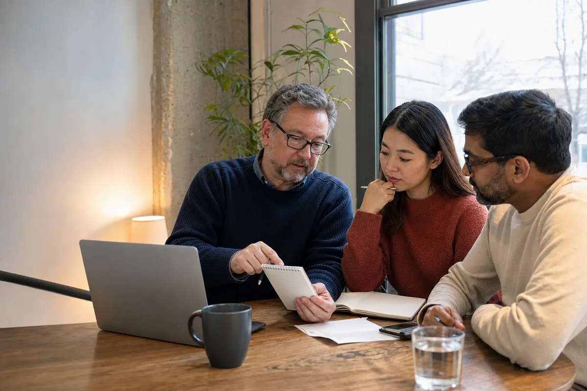 Illustrative scene of three people reviewing a Microsoft 365 responsibility checklist